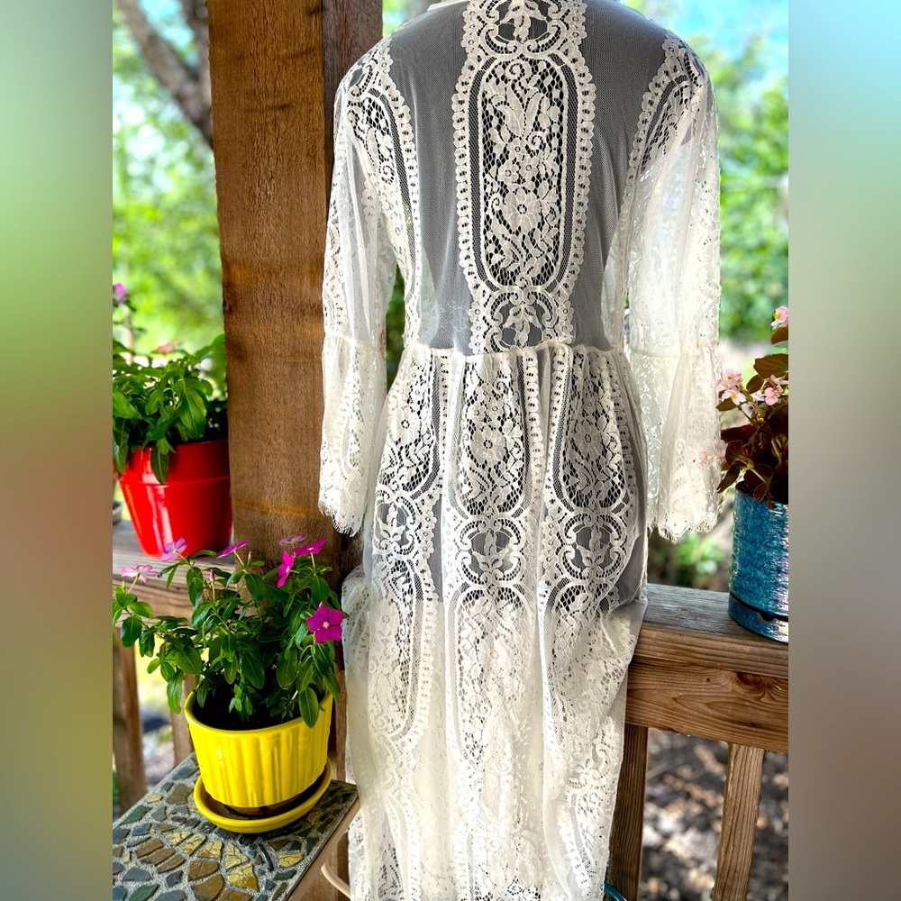 Maurice’s Ivory Lace Flare Sleeve Two Button 46” Length Duster Cardigan Cover-Up - Picture 6 of 7